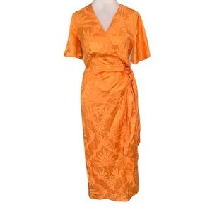 NWT Never Fully Dressed US 2 Apricot Orange Palm Vienna Satin Wrap Midi Dress